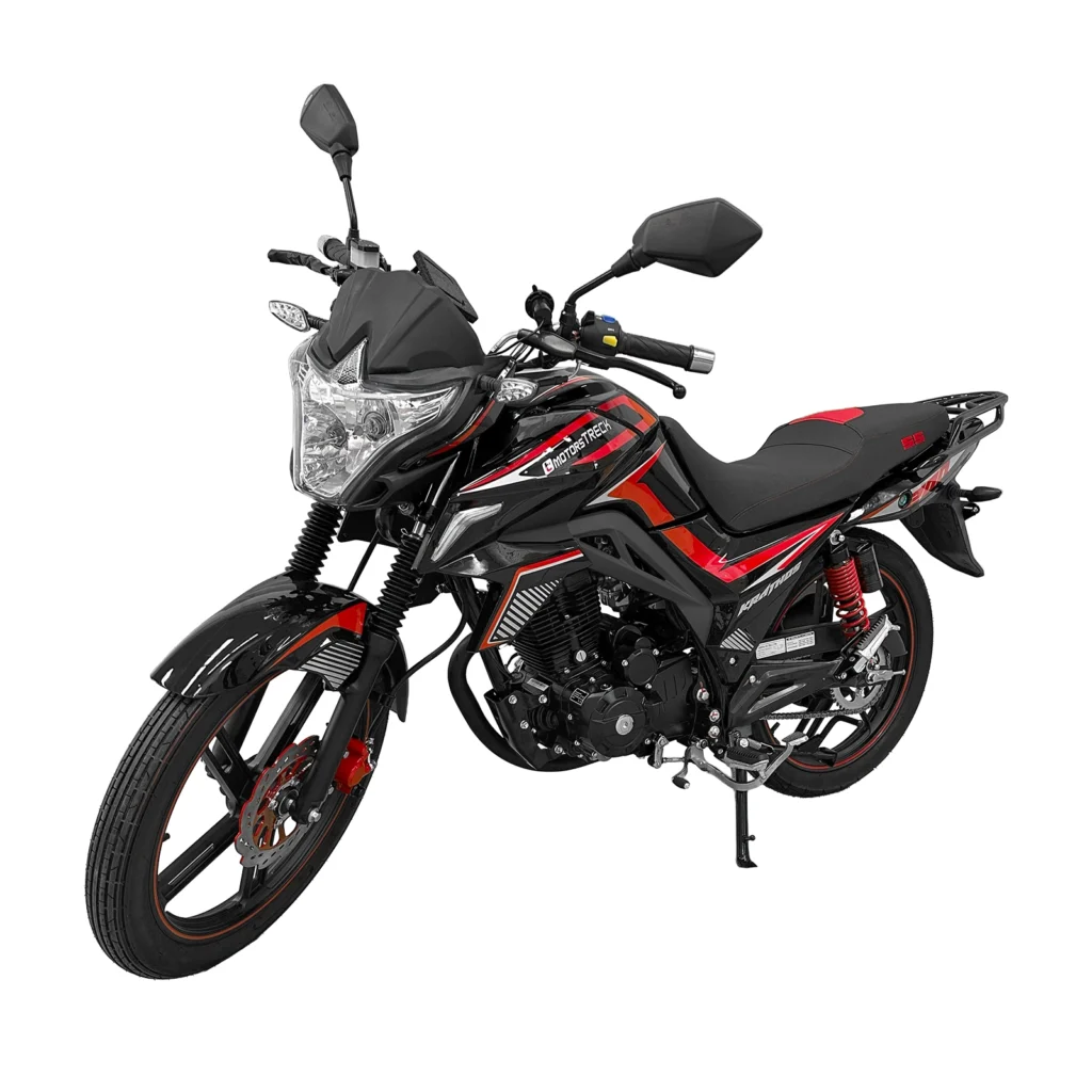 Krathos 200cc moto urbana Guatemala de Treck Motors color negro con rojo, diseño deportivo ideal para ciudad, disponible en GP Service.